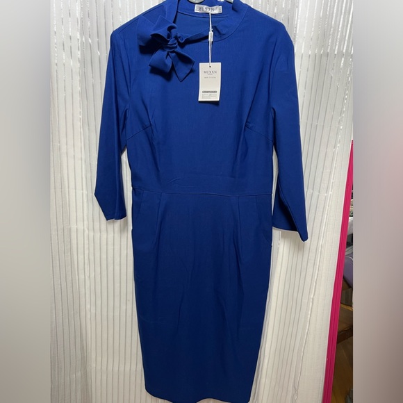 “Muxxn Boutique” SZ: (2XL) Blue, Tie Neck Dress, Pockets & Stretch NWTags - Picture 1 of 10